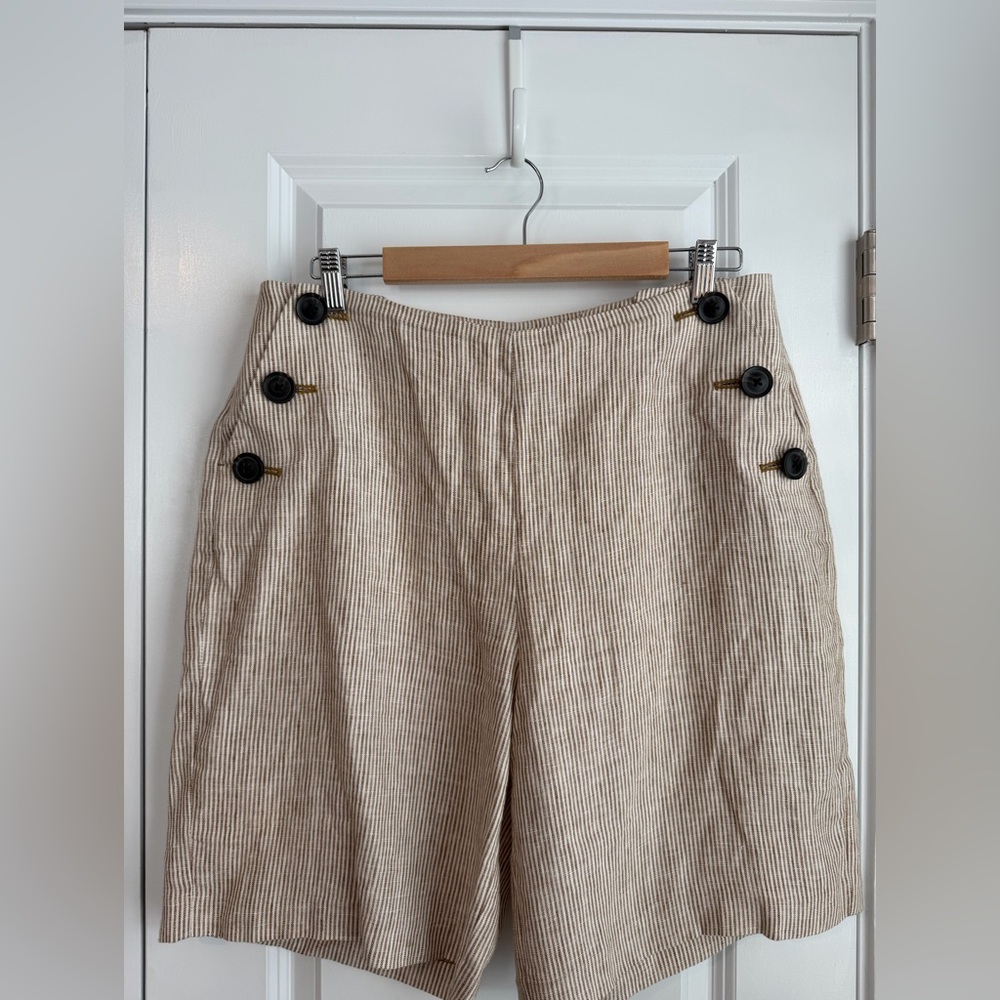 Boden Women’s Falmouth Linen Button Shorts 9” Tan Ecru Stripes Size 10 - Picture 2 of 8